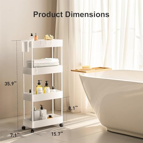 Pipishell Slim Storage Cart with Wheels, 4 Tier Bathroom Storage Organizer Rolling Utility Cart for Bathroom Kitchen Laundry Room Office Narrow Place (White) - color: White, size: 4-Tier