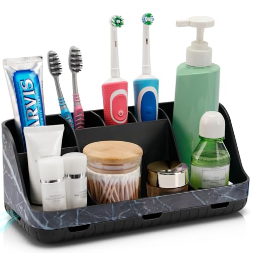 GFWARE Marble Black Toothbrush Holders for Bathrooms - Detachable 7 Slots Bathroom Organizer Countertop Matte Black Electric Toothbrush and Toothpaste Holder for Bathroom Counter Vanity Sink Storage - color: Black Marble