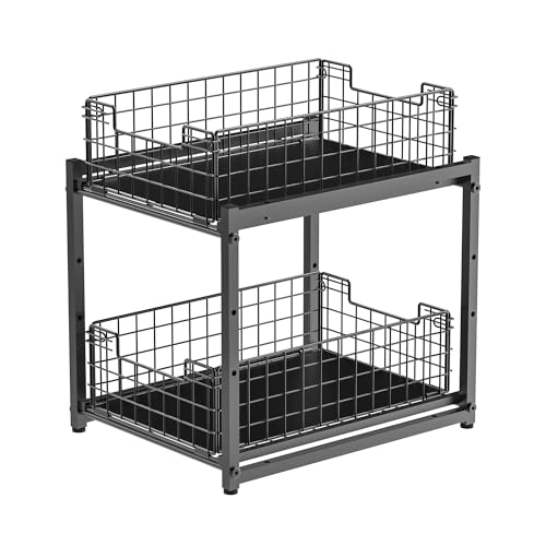 Under Sink Organizer, 2-Tier Pull Out Cabinet Organizer, Kitchen Bathroom Organizer and Storage, Spice Rack for Kitchen, Multi-use Sliding Drawers Shelves, Pack of 2