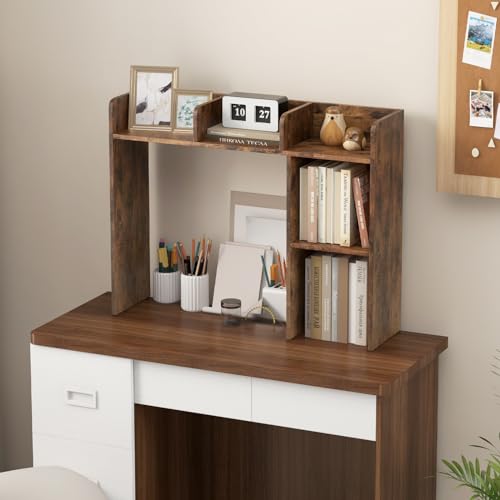 Tangkula Desktop Bookshelf, Countertop Storage Hutch with 5 Shelves for Computer Desk, 3-Tier Display Rack, Multipurpose Wood Desktop Hutch Storage Organizer for Dorm Office, Brown - color: Rustic Brown, size: 5 Shelves
