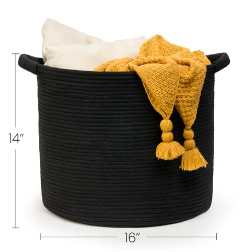 Blanket Basket - Woven Round Rope Storage Basket (16"Wx14"H) for Blankets & Throws, Small Laundry & Toy Organizer, Decorative Living Room & Bedroom Cotton Basket - Black - color: Black, size: Regular-16"Wx14"H