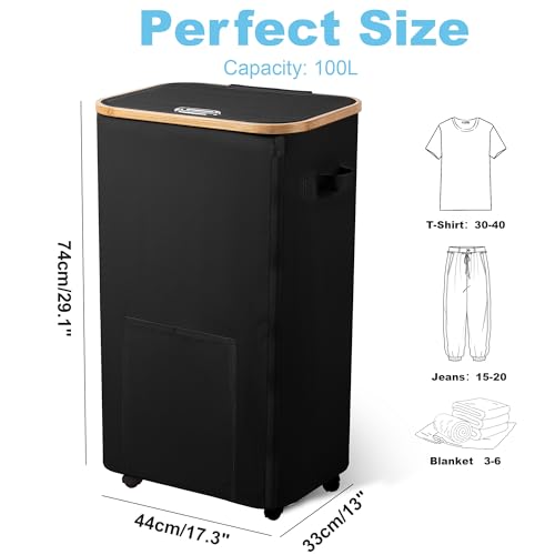 Vincona Laundry Basket with Wheels, Tall Dirty Clothes Hamper on Wheels, Rolling Laundry Hamper with lid for Dorm, Bedroom and Bathroom (Black, 100L) - color: Black, size: 100L