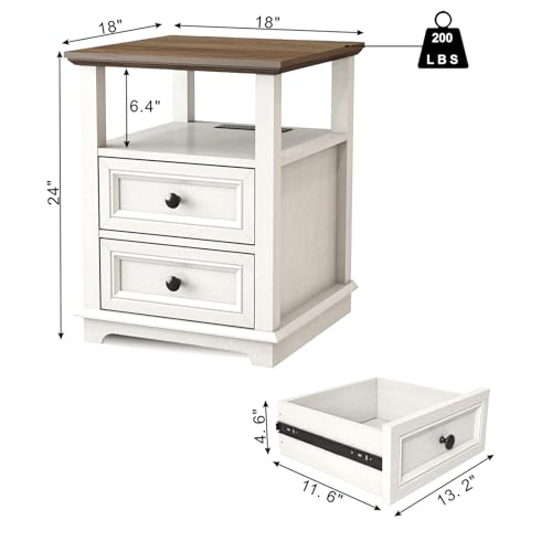 REDAYFUR 18" Wide End Table with Fast Charging Station Set of 2, 18” Wide Sofa End Table with Drawers,Storage Rustic Wood Storage Cabinet,Sofa Table for Living Room,White - color: Rustic White, size: 1 Set