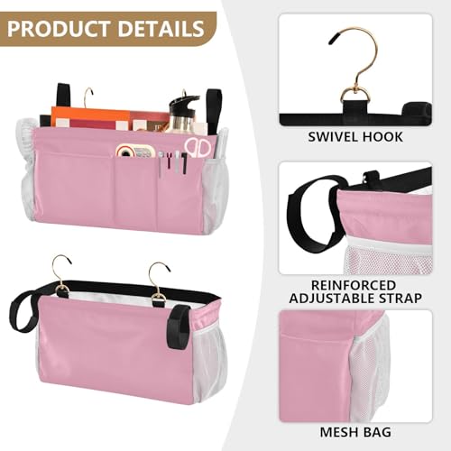 Rose Red Bedside Caddy Storage Bag Bedside Organizer for Dorm Room Top Bunk Bed Hanging Storage Organizer 6 Pockets with Hooks for Book Glasses Phone Holder - color: Rose Red