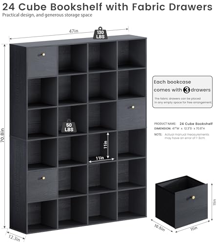 Modern Cube Storage Organizer, 24 Open Shelves Bookcase with 3 Storage Bins, Black Book Case with Wood Grain, Freestanding Shelf for Bedroom, Living Room, Home Office, Library, Wooden Large Book Shelf - color: Black, size: 24 Cube