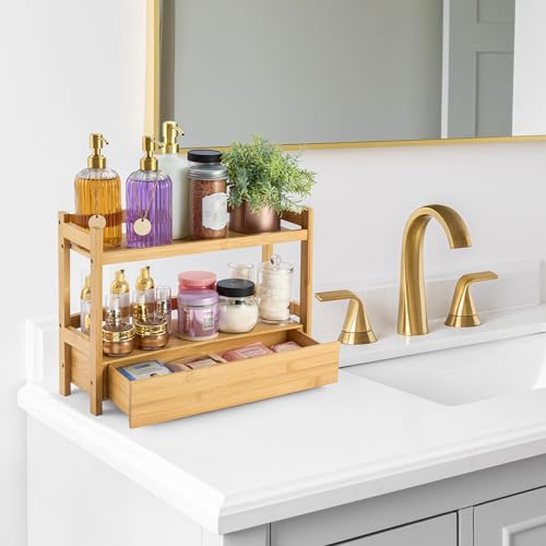 Sorbus Bamboo Bathroom Counter Organizer – 2-Tier Shelf with Hidden Drawer for Vanity, Matcha Station, Bathroom Sink Organizer Countertop, Kitchen & Office Storage (17″ L x 6.5″ W x 12.6″ H) - color: Natural Bamboo, size: 17" x 6.5" x 12.6"