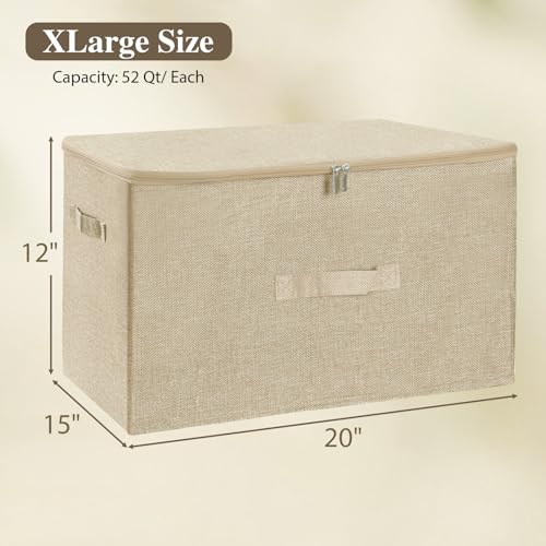 ANMINY 2PCS Storage Bins with Zipper Lids 51.9 Qt Lidded Fabric Storage Boxes Baskets Cubes with Handles Collapsible Washable Cotton Linen Closet Shelf Clothes Organizer - Beige, Extra Large - color: Beige, size: Extra Large (Pack of 2)