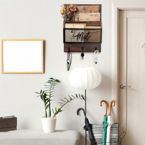 Yalikop Farmhouse Mail Organizer Wall Mounted Rustic Mail Holder Hanging Key Sorter with 3 Hooks Indoor Wooden Wall Mounted, Letter, Magazines, Newspapers, Keys(Classics,Brown) - color: Brown