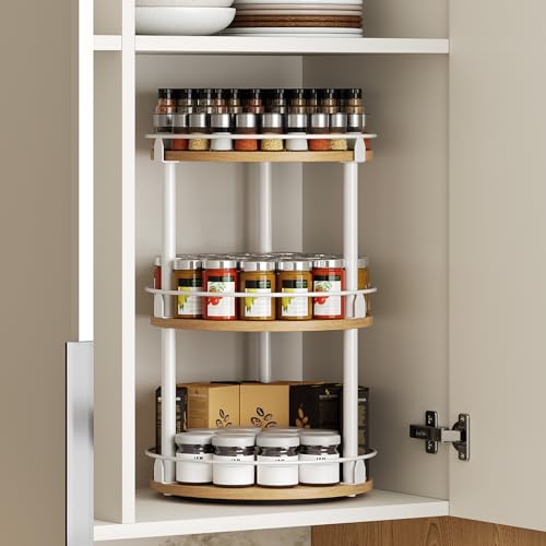 YATINEY 3-Tier Lazy Susan Organizer, Rotating Spice Rack, Spinning Organizer, Industrial Turntable Spice Rack Organizer for Cabinet, Kitchen Countertop, Pantry, White and Natural SR23WN - color: White + Natural, size: 10.2"L x 10.2"W x 18"H