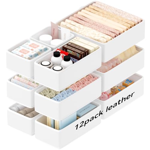 Vegan Leather Drawer Organizers,12 Pack Makeup Storage boxes,Vanity Drawer Luxury upgrade,Bedroom fabric Drawers replacement,bathroom organization and storage Optimal solution - color: beige, size: 12 pack