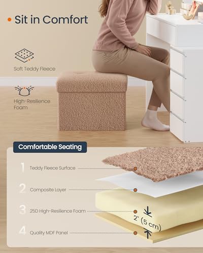 SONGMICS Small Folding Storage Ottoman, Foot Rest Stool, 12.2 x 16.1 x 12.2 Inches, Ottoman with Storage, Load up to 286 lb, for Living Room, Bedroom, Dorm, Camel Brown ULSF094K01 - color: Camel Brown, style: Teddy Fleece
