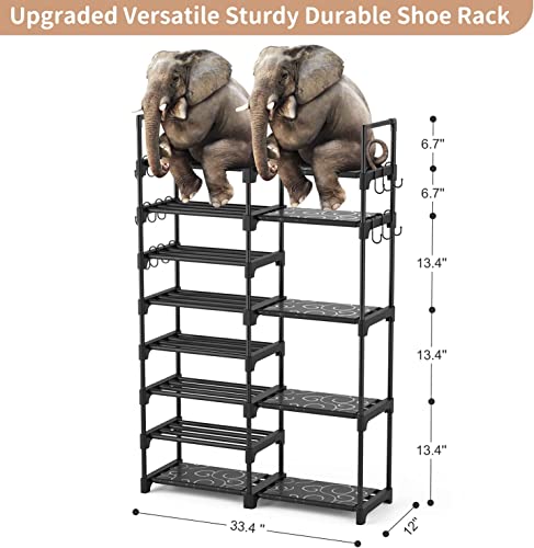 ROJASOP Shoe Rack Organizer, 8-Tier Metal Shoe Rack for Closet Entryway Garage, 26-32 Pairs Tall Shoe Boot Storage Shelf with 15 Hooks, Stackable Large Shoe Stand - color: Black