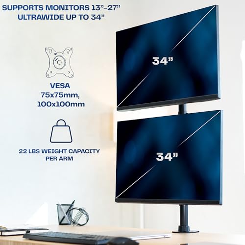 VIVO Dual Monitor Desk Mount Stand with Height Adjustment and VESA Plates for 2 LCD Ultrawide Screens up to 34 inches, Stacked Array, STAND-V002R - color: Black, size: up to 34" screens