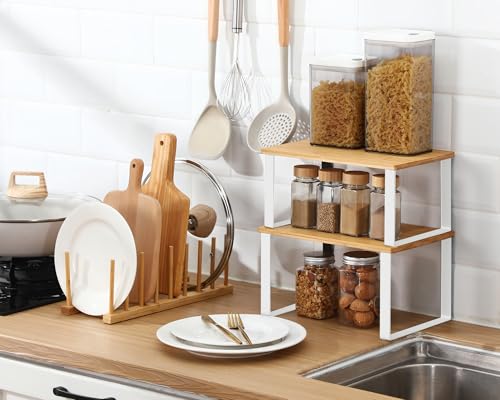 Marsui 4 Pcs Kitchen Organizer Accessories Set Cabinet Organizer Shelf and Bamboo Dish Drying Plate Rack Counter Shelves Storage Holder for Spice Rack, Dish, Pot Lid, Bowl, Cup(Wooden Color) - color: Wooden Color