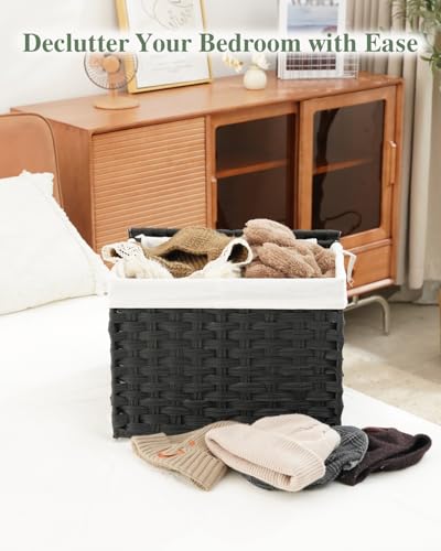 SETVSON Storage Basket with Lid Woven Wicker Baskets with 2 Separate Lid, 9.2 Gallon (35 L) Wicker Storage Bins with Handles, Foldable and 2 Removable Liner Bags for Bedroom, Laundry Room Black - color: Black, size: 35L-15.7L*11.8W*11.8H