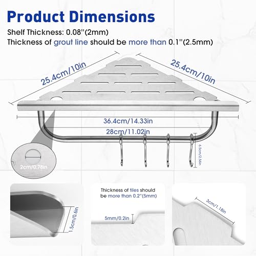 Shower Corner Shelf, 10'' Corner Shower Shelf with Towel Bar & Hooks, 2-Pack 304 Stainless Steel Recessed Bathroom Shelves, No Drilling for Tiled Wall (Brushed Nickel) - color: Brushed Nickel