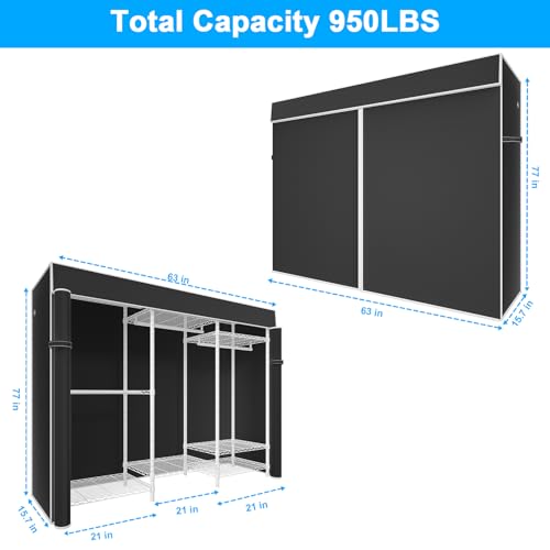 Ulif E13C Heavy Duty Closet Organizer System，Freestanding Clothing Racks for Hanging Clothes，Adjustable Garment Rack 63" W x 16" D x 77" H Hold 960 lbs，White Clothing Rack with Black Dustproof Cover - color: White Rack with Black Cover, size: E13C