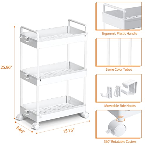 Ronlap 3 Tier Slim Rolling Storage Cart with Wheels Plastic Utility Cart Organizer for Snack Craft Art Postpartum Baby Diaper Nail Makeup in Bathroom Laundry Room Kitchen Bedside Narrow Space, White - color: White