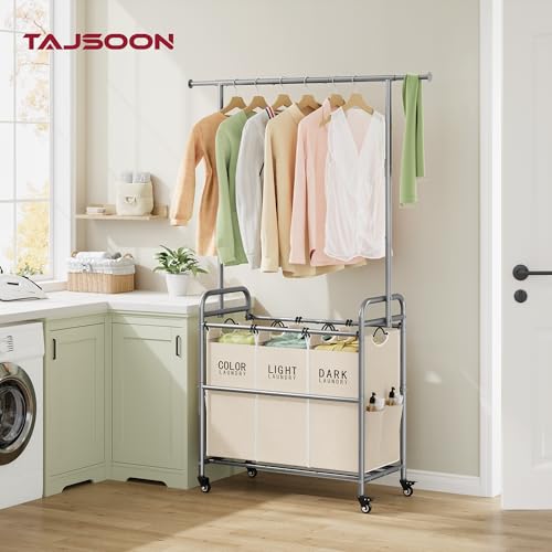 Tajsoon Laundry Hamper with Hanging Rack, 3 Section Laundry Sorter with Heavy Duty Lockable Wheels, Laundry Basket Organizer for Dirty Clothes Storage, 3 Beige - color: Beige, size: 3 bag