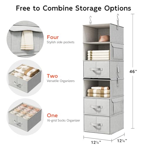 Vailando 6-Shelf Hanging Closet Organizer with 3 Drawers, 2 Separable 3-Shelf Closet Organizers and Storage for Wardrobe Organization, Hanging Dresser for Nursury & Dorm Clothes Organizer - color: Silver Gray, size: 6-Shelf Separable