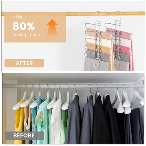 Pants Hangers Space Saving,Closet Hangers 5 Layers 2 Uses Multi Functional Pants Rack,Metal Heavy Duty Wardrobe Organizer Racks for Clothes Trousers Scarves Ties (Silver) - color: Silver