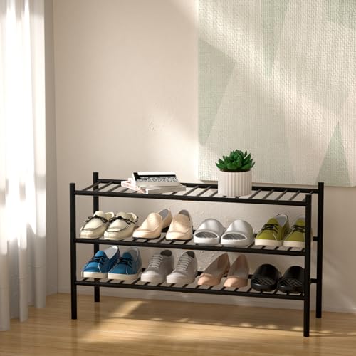 ROMGUAR CRAFT 3-Tier Bamboo Long Shoe Rack, Free Standing Wood Shoe Shelf Storage Organizer for Closet Entryway Stackable 35"x11"x20" (Black) - color: Black, size: 3-Tier(Long)