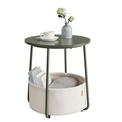VASAGLE LILEA Collection - Small Round Side End Table, Modern Nightstand with Fabric Basket, Forest Green and Cream White ULET223C80 - color: Forest Green + Cream White, size: Round + 1 pack