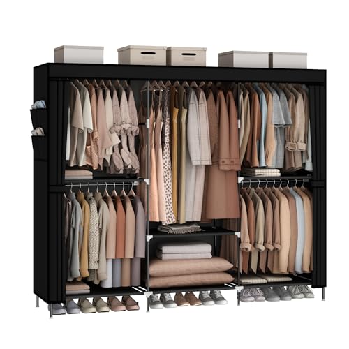 MOGELAFOO 83" Closet Wardrobe, Portable Closet for Bedroom, Freestanding Clothes Rack with Non-Woven Fabric Cover, 5 Hanging Rods, 6 Storage Shelves, Clothes Storage Organizer, Black