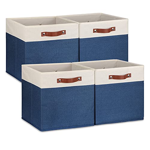 Temary Fabric Storage Bins for Cube Organizer 4 Pack Cube Storage Bins 13 Storage Cubes for Shelves Storage Baskets for Organizing Books, Clothes, Towels (White & Blue, 13x13x13 Inch) - color: White&Blue, size: 13×13×13