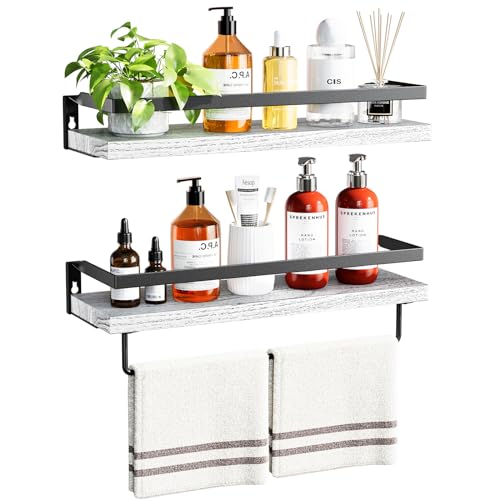 AMADA HOMEFURNISHING Bathroom Shelves with Towel Bar, Floating Shelves, Wall Shelves for Bathroom/Living Room/Kitchen/Bedroom, White, Set of 2 - AMFS01W - color: White