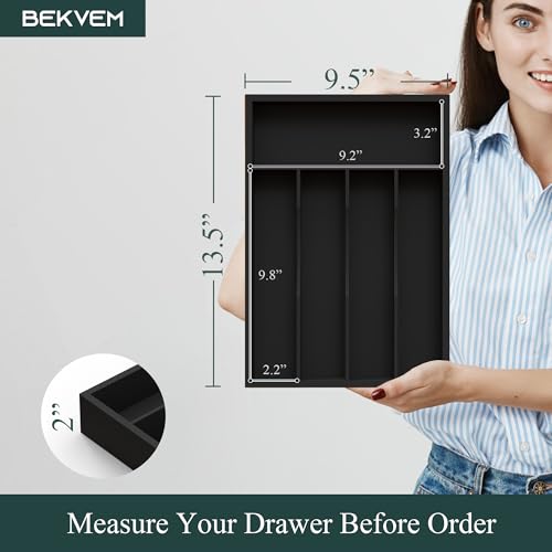 Bamboo Silverware Organizer, Kitchen Drawer Organizer, Utensil Holder, Cutlery Tray & Spoon Flatware Storage with Grooved Drawer Dividers (Black, 9.5''W x 13.5''D) - color: Black, size: 9.5''W x 13.5''D
