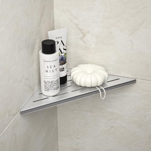 Corner Shower Shelf 10" Brushed 304 Stainless Steel Slot Design Recessed Corner Shelf Bathroom Grout in Shelf for Tiled Wall - color: Brushed, size: 10"