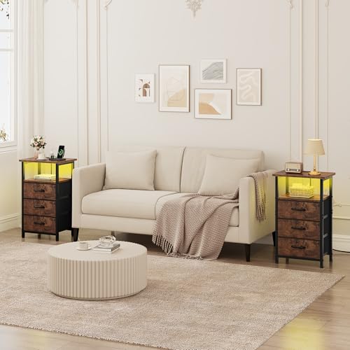 Vagusicc Night stand Set 2 with Charging Station, LED Nightstand for Bedroom, Bedside Table with 3 Fabric Drawer, End Table Side Table with USB Port & Outlets, Bed Side Table for Bedroom, Rustic Brown - color: Rustic Brown, size: 2 Pieces, style: With LED