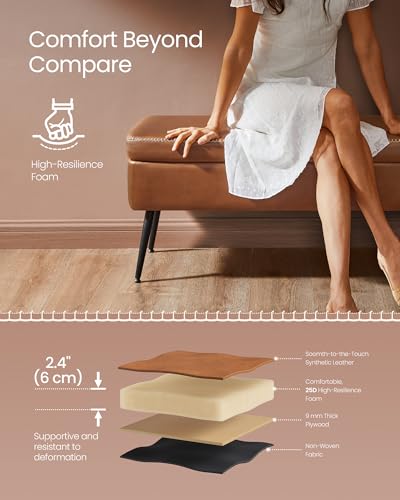 VASAGLE EKHO Collection - Storage Ottoman Bench, Entryway Bedroom Bench, 15 Gallons, Synthetic Leather with Stitching, Mid-Century Modern, Safety Hinges, Loads 660 lb, Caramel Brown ULOM074K01 - color: Caramel Brown, style: 15-Gallon Storage Bench