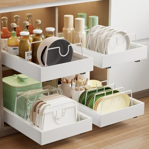 Mustorn 2 Pack Pull Out Cabinet Organizer with 8 Dividers,21.8" Deep Slide Out Drawers for Cabinets Adhesive Pull Out Drawers Heavy Duty Pull Out Shelves for Kitchen, Cupboard, Pantry, Bathroom-White - color: White, size: 21.8"D*12"W*2.95"H