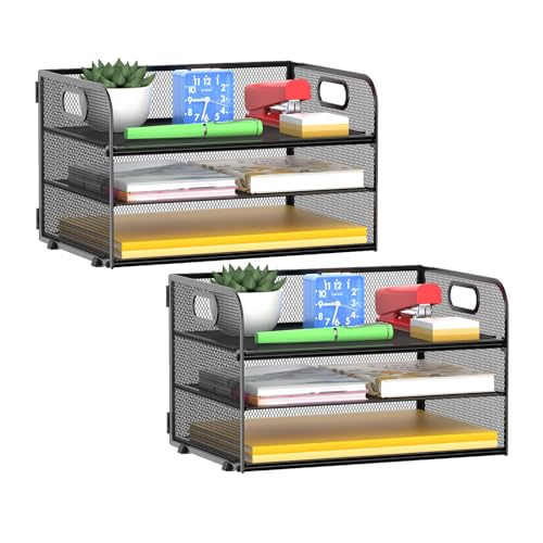 MINDEPOT 3-Tier Paper Letter Organizer Tray with Handle, Mesh Desk File Organizer for Office, Home, School - 2 Pack, Black - size: 2 Pack