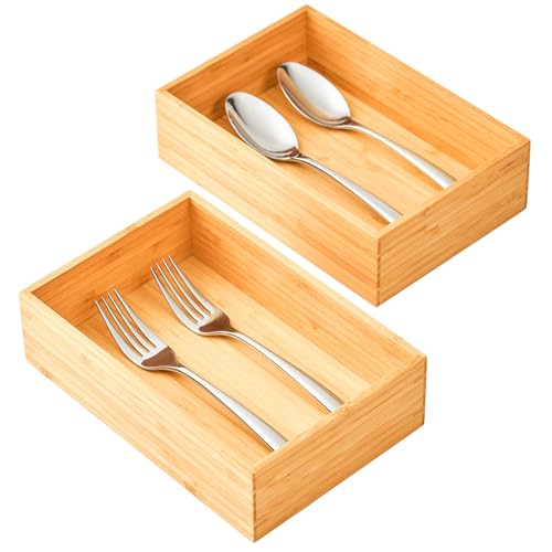 Umilife Bamboo Kitchen Drawer Organizer, Extra High Silverware Tray, Flatware Cutlery Storage Box, Multi-Use Holder in Office, Bathroom, Pantry - 9"x6"x2.5" (Set of 2) - size: 9 x 6 x 2.5" (Standard, Set of 2)