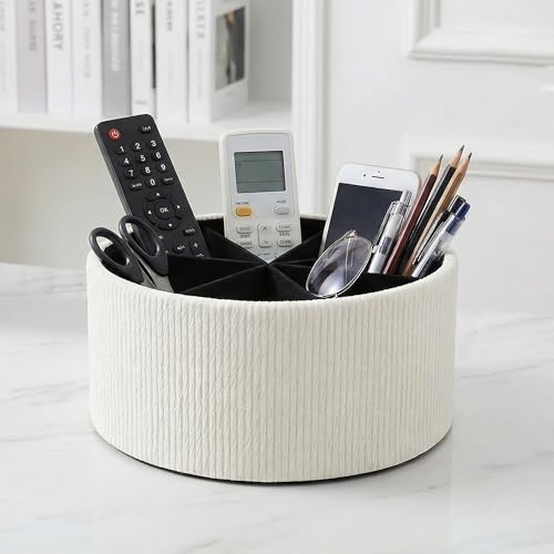 Remote Control Holder, 360°Spinning PU Leather Desk TV Remote Caddy,Desk Storage Box Room Accessories for Controller, Media,Mail,Calculator, Mobile Phone,Pencil(1-Big Wood Beige) - color: 1-Big Wood Beige