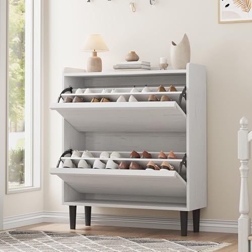 GarveeHome Shoe Cabinet with 2 Flip Drawers, Wooden Shoe Organizer with Adjustable Shelf, Shoe Storage for Entryway, Hidden Shoe Cabinet for Hallway, Living Room, White - color: White, size: 2-Drawers
