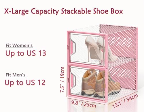 SIMPDIY Shoe Storage, 12 Pack X-Large Shoe Organizer for Closet, Shoe Boxes Clear Plastic Stackable Shoe Storage Boxes for Size 13 - color: Pink