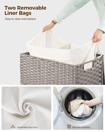 Greenstell Laundry Hamper with Wheels, No Install Needed, 110L Divided Handwoven Hampers & 2 Removable Liner Bags, Rattan Clothes Laundry Basket with Lid & Handles, Foldable Hampers Gray 22x13x26.4 In - color: Gray, size: 110L: 22.0x13.5x26.4 Inches