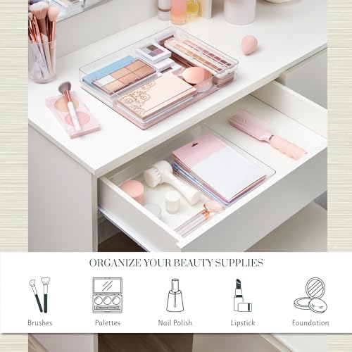 STORi SimpleSort 2-Piece Stackable Clear Drawer Organizer Set | 15" x 6" x 2" Rectangle Trays | Wide Makeup Vanity Storage Bins and Office Desk Drawer Dividers | Made in USA - size: 15x6x2"