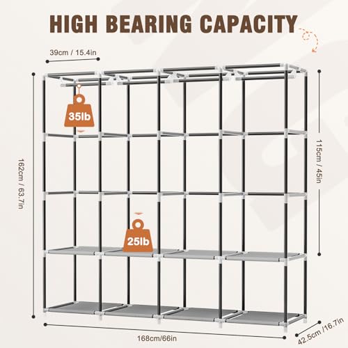 Neatrays Portable Closet, 66 Inch Large Capacity Wardrobe for Closet Organizers and Storage with Non-Woven Fabric Cover, 4 Hanging Rods, 8 Shelves(Grey) - color: Grey, size: 4 Row - 67"Wide