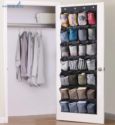MISSLO 28 Large Pockets Hanging Shoe Organizer Over The Door Shoe Rack for Closet Door Storage Mesh Shoe Holder Hanger for Men, Black - color: Black, size: 22.6x65