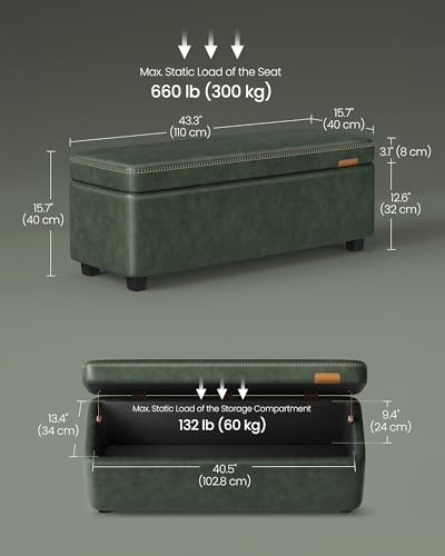 VASAGLE EKHO Collection - Storage Ottoman Bench, Entryway Bedroom Bench, 25 Gallons, Synthetic Leather with Stitching, Mid-Century Modern, Safety Hinges, Loads 660 lb, Forest Green ULOM075C01 - color: Forest Green, style: 25-Gallon Storage Bench