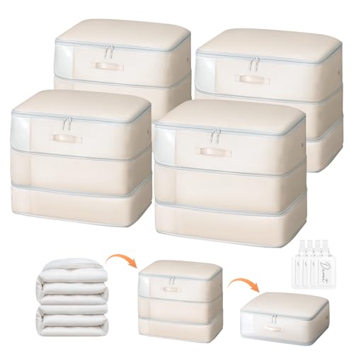 DIMJ Comforter Storage Bag - Large Capacity Ultra Space Saving Self Compression Organize for Duvet, Pillow, Bedding, Blanket Storage Organizer Nylon Compression Bags, Sheet Storage, Beige, 4 Pack - color: Beige, size: 110L x 4 Pack