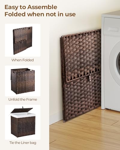 Greenstell Laundry Hamper with Lid, 125L Laundry Basket with 2 Removable Liner Bags & 2 Mesh Bags, Handwoven Synthetic Rattan Clothes Hamper for Clothes, Toys in Bathroom, Bedroom, Foldable, Brown - color: Brown, size: 125L (25.6 x 13.0 x 23.6 inches)