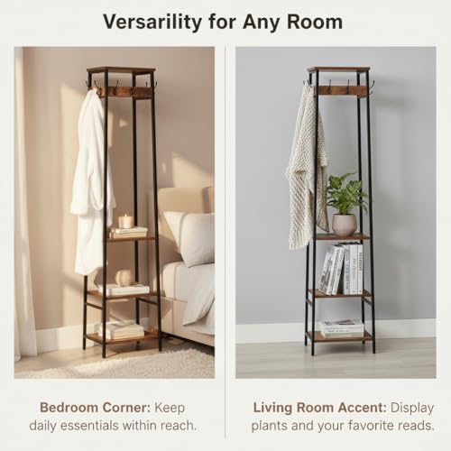 Coat Rack Freestanding, Coat Stand with 3 Shelves and 7 Hooks, Hall Tree Free Standing, Clothes Rack Stand Organizer, Industrial Style, Rustic Brown and Black - color: Rustic Brown and Black, style: 3 Shelves