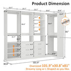 Vomavex Closet System with 4 sets, 101.9" Closet Organizer Systems with 6 Drawers & 8 Hanging Rods & Adjustable Shelves, Walk in Closet Standing Closet System, Corner Closet System Set, White