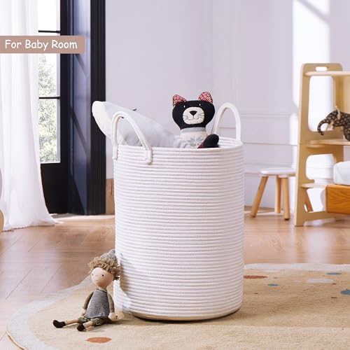 60L Pure White Woven Hamper Laundry Basket Cotton Rope Blanket Basket for Living Room 15Dx20H inches Tall Clothes Hamper for Baby Nursery Kids in Bedroom Large - color: White, size: Large (60L)